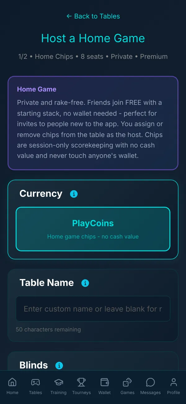 Host a Home Game screen: private, rake-free, friends join free with a starting stack