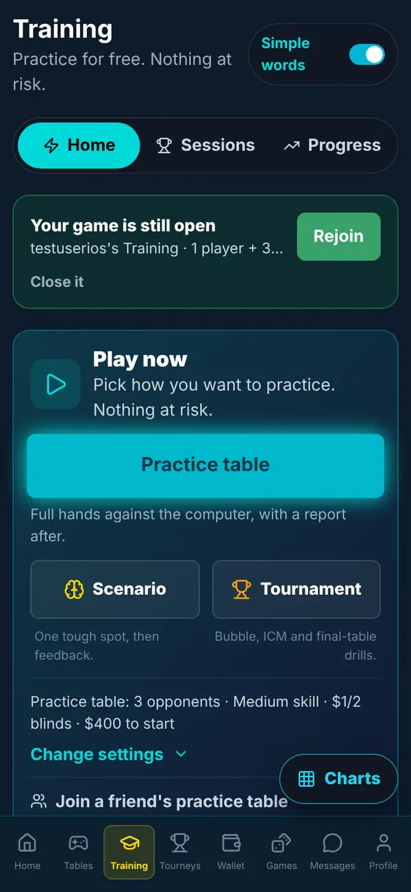 Training home: practice table, scenario and tournament modes